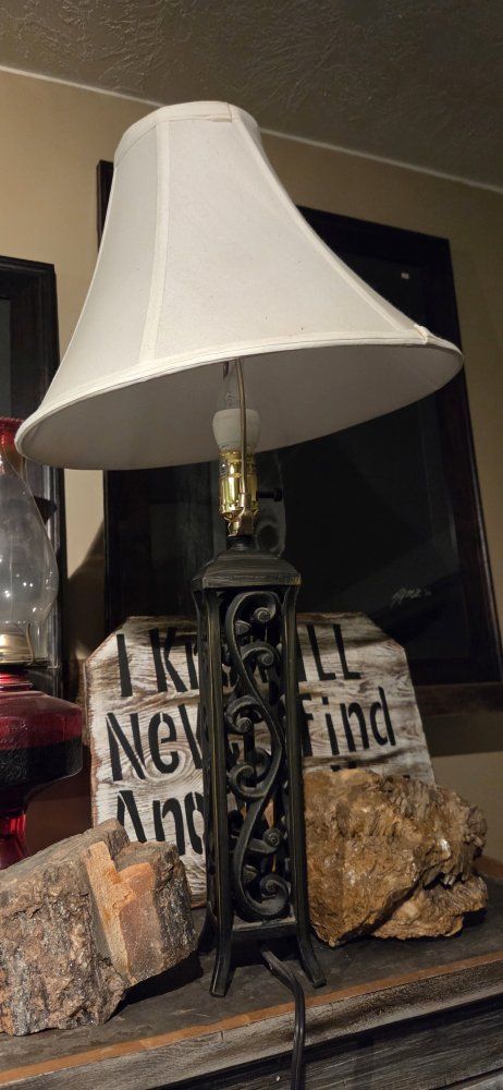 Decorative Iron Base Table Lamp with White Shade - Ornate Scrollwork Design