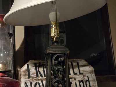 Decorative Iron Base Table Lamp with White Shade - Ornate Scrollwork Design