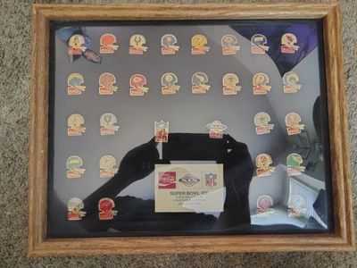 Vintage Coca-Cola Super Bowl XIX NFL Team Helmet Pin Collection Shadow Box 1985