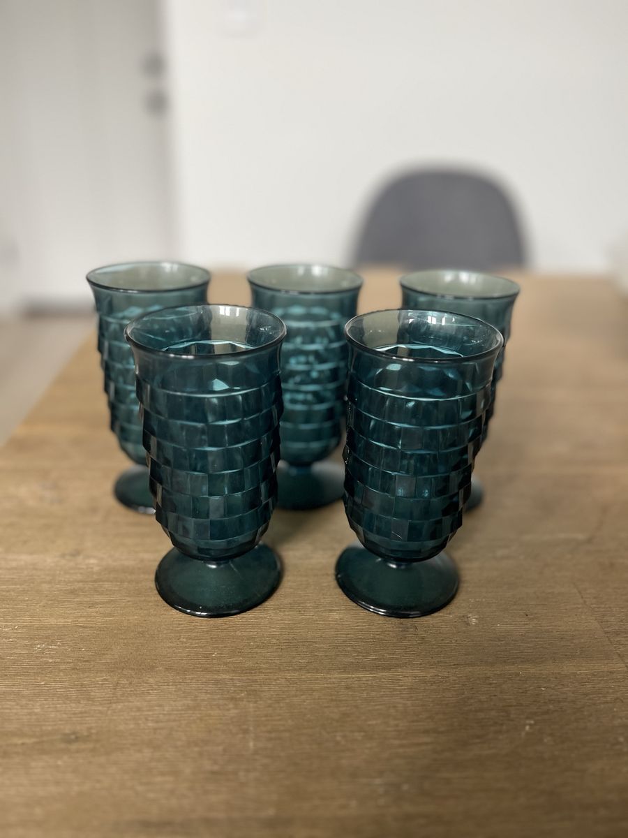 Indiana Vintage Teal Waffle Weave Textured Pedestal Drinking Glasses - Set of 5