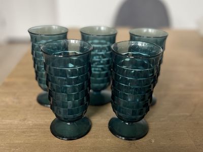 Indiana Vintage Teal Waffle Weave Textured Pedestal Drinking Glasses - Set of 5