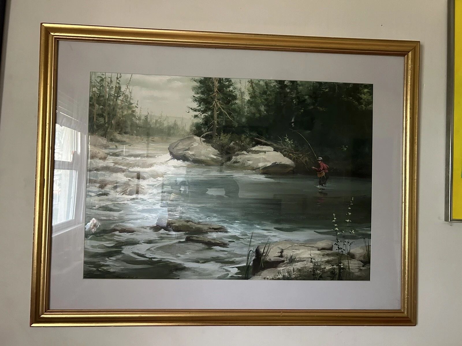 Morgan Kane Original Gouache Signed Painting "Fisherman flyfishing in" 1950 Illustration Framed. A fisherman's' must have