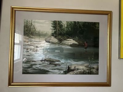 Morgan Kane Original Gouache Signed Painting "Fisherman flyfishing in" 1950 Illustration Framed. A fisherman's' must have