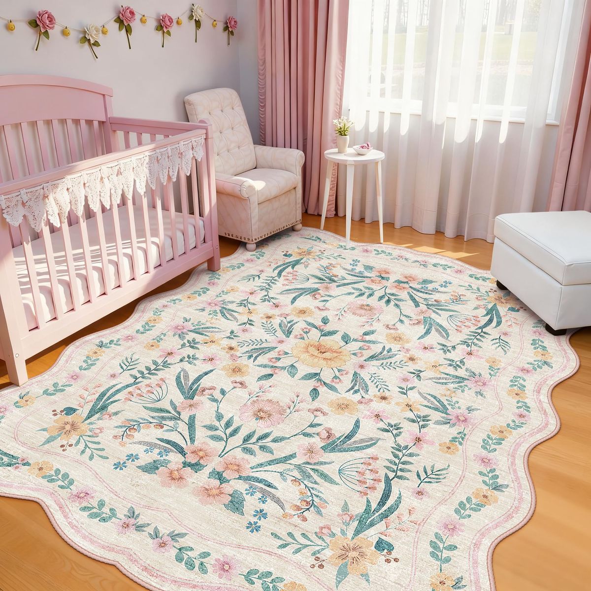 NEW Scalloped Pink Floral Rug 6x9, Washable Soft Faux Wool Area Rug for Living Room, Cute Boho Non-Slip