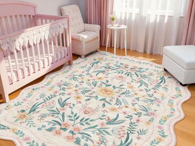 NEW Scalloped Pink Floral Rug 6x9, Washable Soft Faux Wool Area Rug for Living Room, Cute Boho Non-Slip