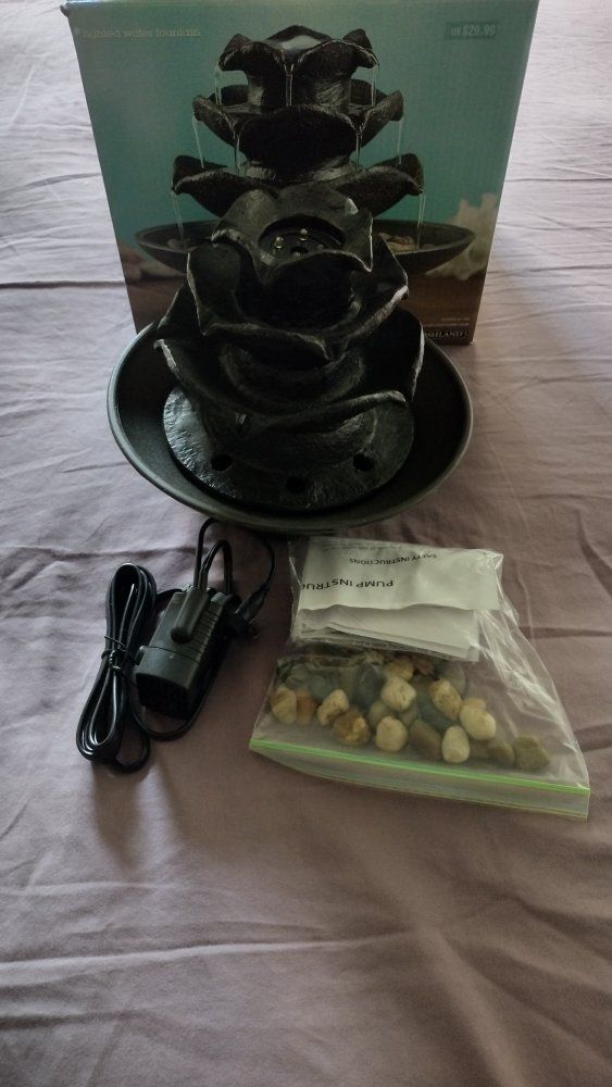 Highland Black Tiered Rose Water Fountain w/ Pump & Pebbles - Indoor/Outdoor Decor