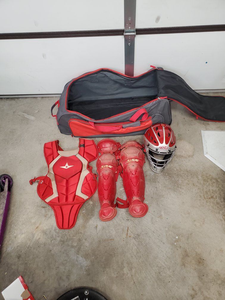 Youth Red Baseball Catcher's Gear Set with Helmet, Chest Protector, Leg Guards, and Equipment Bag