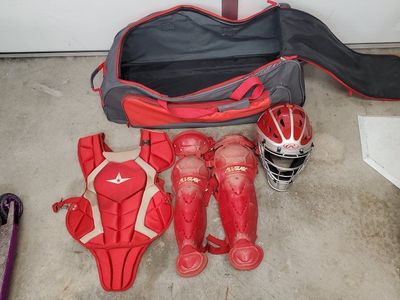 Youth Red Baseball Catcher's Gear Set with Helmet, Chest Protector, Leg Guards, and Equipment Bag