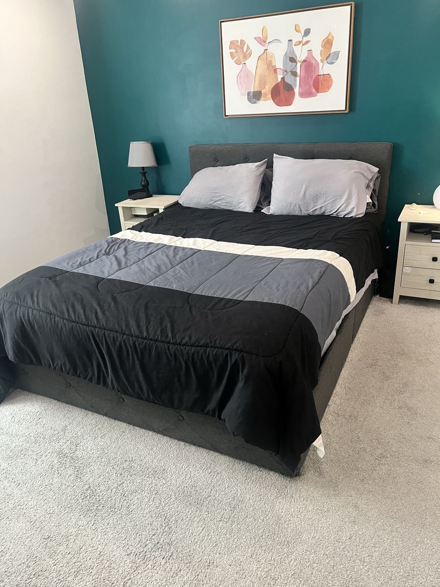 Grey Queen Size Upholstered Platform Bed Frame with Headboard - Tufted Design