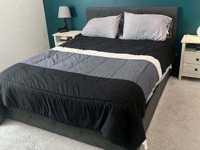 Grey Queen Size Upholstered Platform Bed Frame with Headboard - Tufted Design