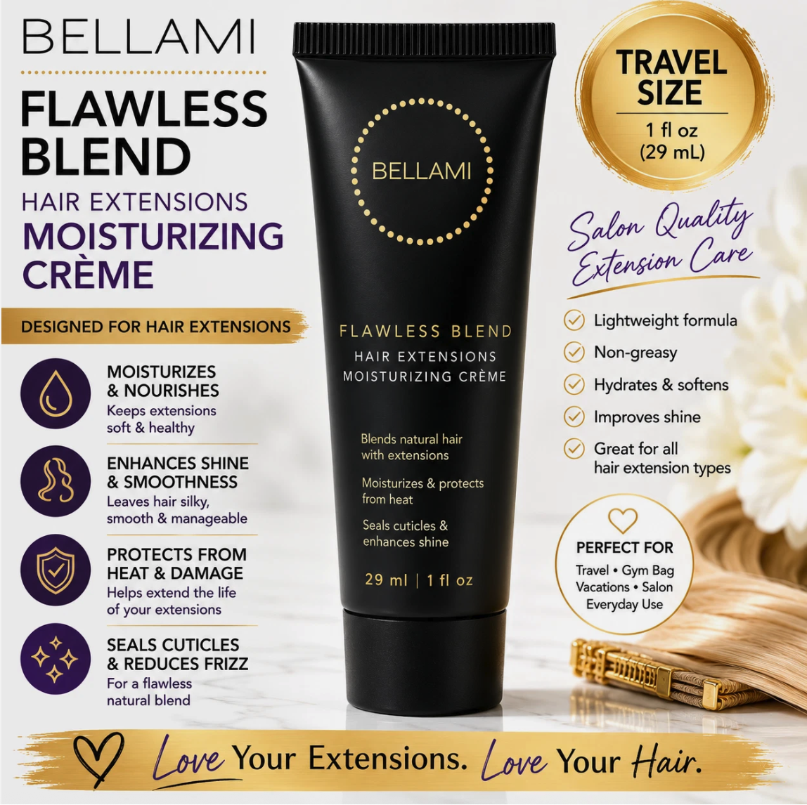 Bellami Flawless Blend Hair Extensions Moisturizing Creme Travel Size 1oz NEW