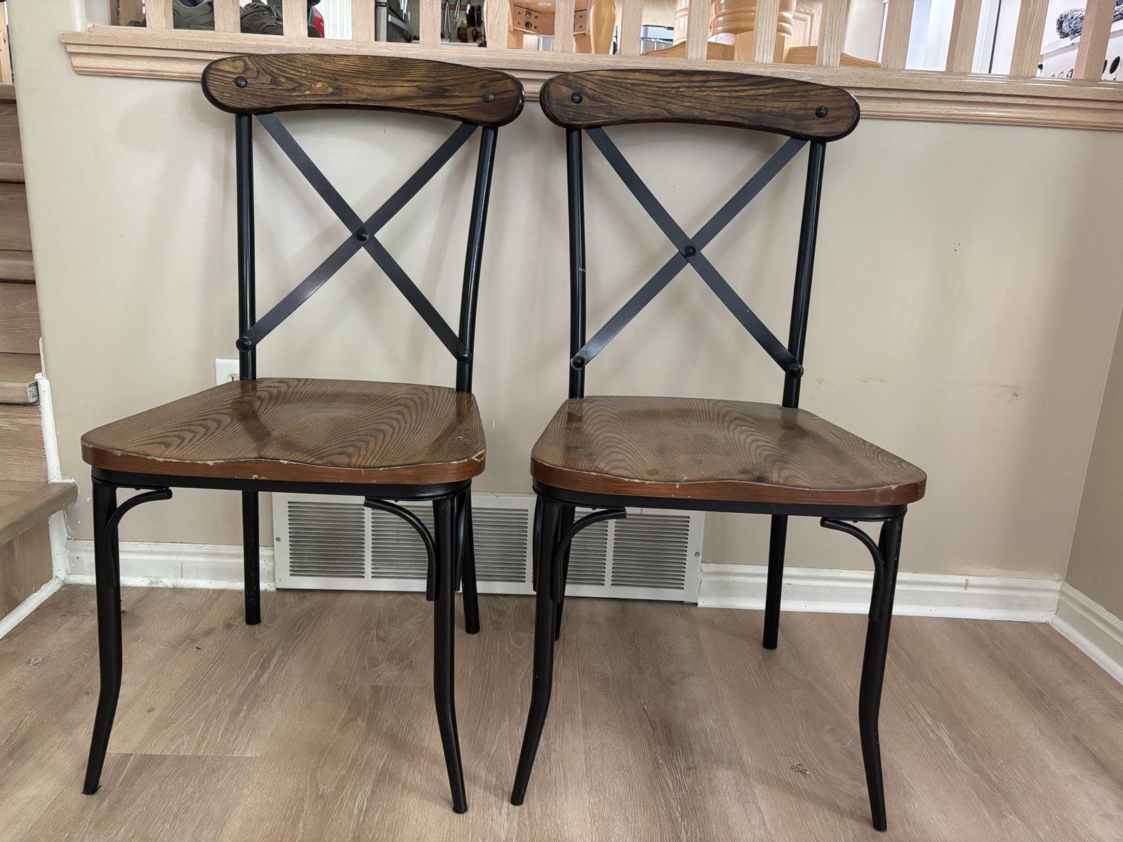 Set of 2 Industrial Farmhouse Style Dining Chairs with Wood Seats & Metal Frames