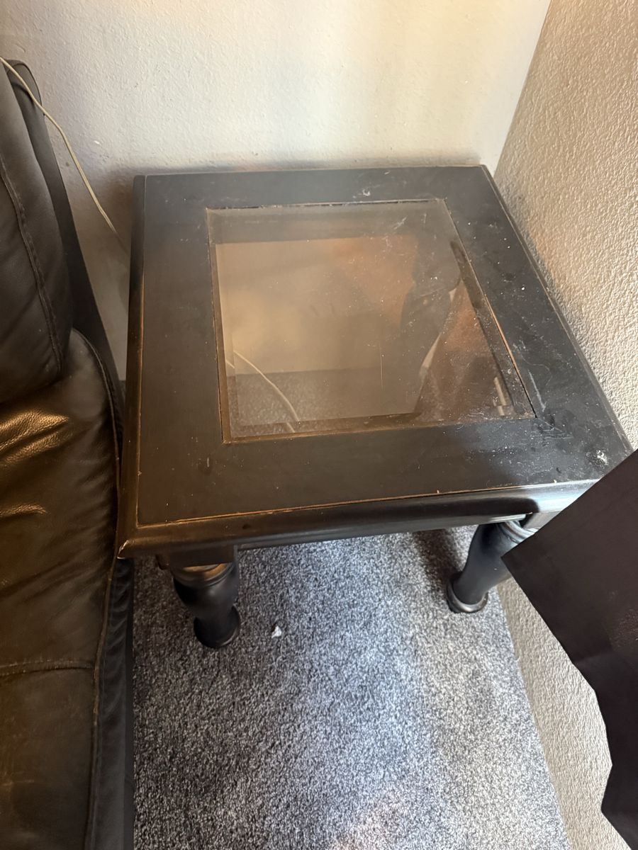 Black Wooden End Table with Glass Insert Top