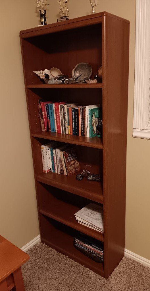 Tall Wooden Bookshelf with Multiple Shelves - Dark Oak Finish