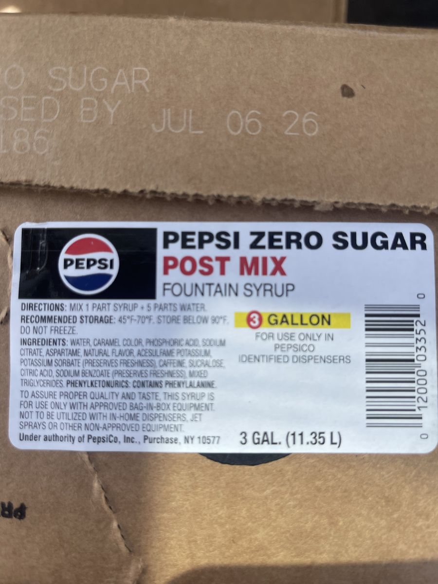 Pepsi Zero Sugar Post Mix Fountain Syrup 3 Gallon Bag in Box