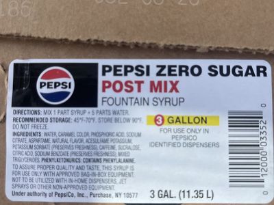 Pepsi Zero Sugar Post Mix Fountain Syrup 3 Gallon Bag in Box