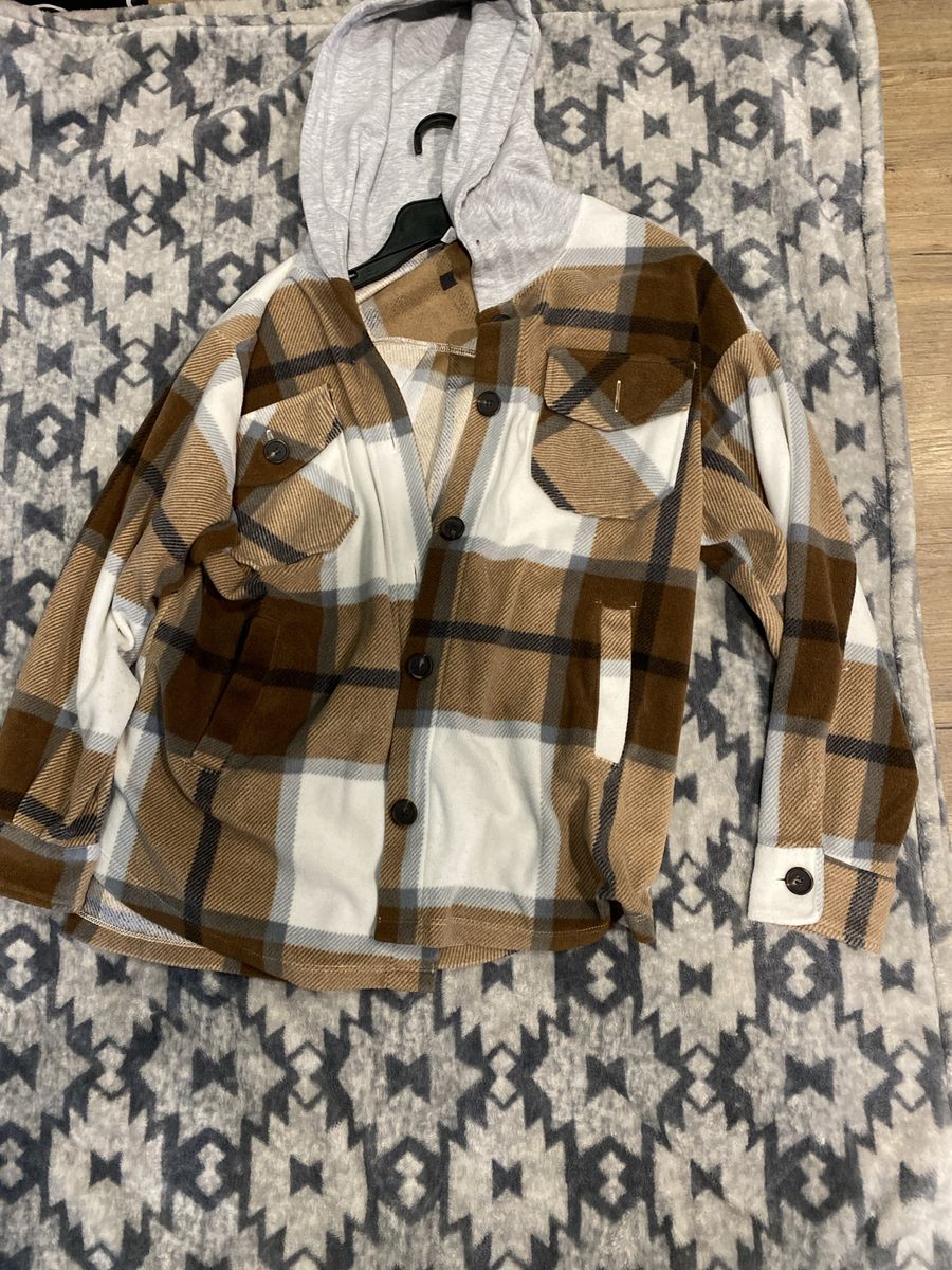 Plaid Flannel Shacket with Hood - Brown, White, Grey - Button-Front, Pockets