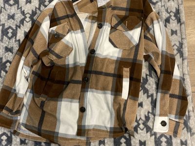 Plaid Flannel Shacket with Hood - Brown, White, Grey - Button-Front, Pockets
