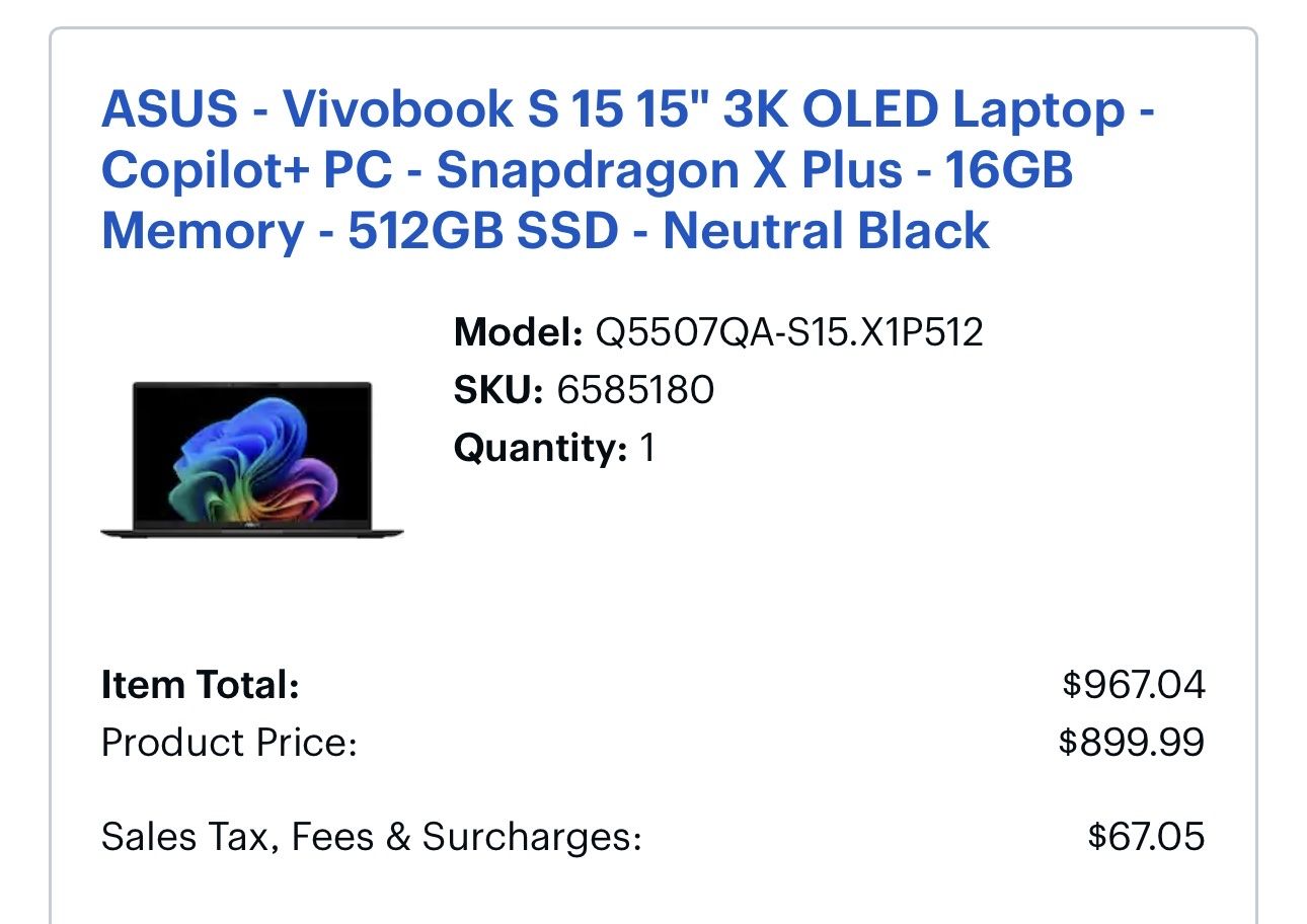 ASUS Vivobook S 15 15.6" 3K OLED Copilot+ PC Snapdragon X Plus 16GB RAM 512GB SSD Black