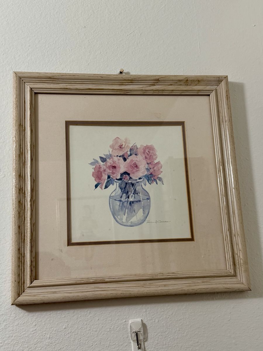 Vintage floral watercolor painting in wood frame