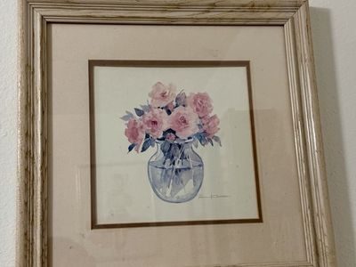 Vintage floral watercolor painting in wood frame