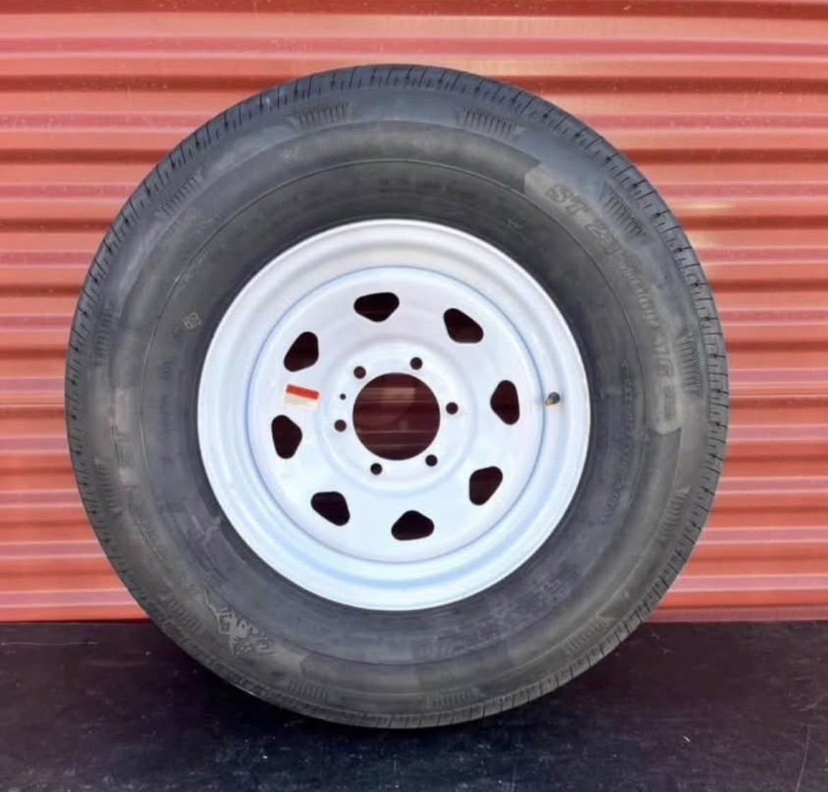 New Rainier ST 235/80 R 16 Trailer Tire Mounted on New White Spoke Wheel Standard 6 lug Pattern Brand New Never Used