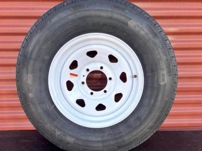 New Rainier ST 235/80 R 16 Trailer Tire Mounted on New White Spoke Wheel Standard 6 lug Pattern Brand New Never Used
