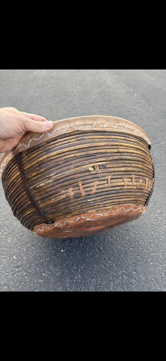 Amazing antique hand woven basket. Pencil-reed teal leaf, vegetable harvesting farmhouse vintage