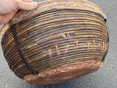 Amazing antique hand woven basket. Pencil-reed teal leaf, vegetable harvesting farmhouse vintage