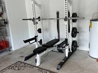 Fitness Gear Half Rack, Adjustable Bench, & 300LB Olympic Weight Set - Home Gym Package