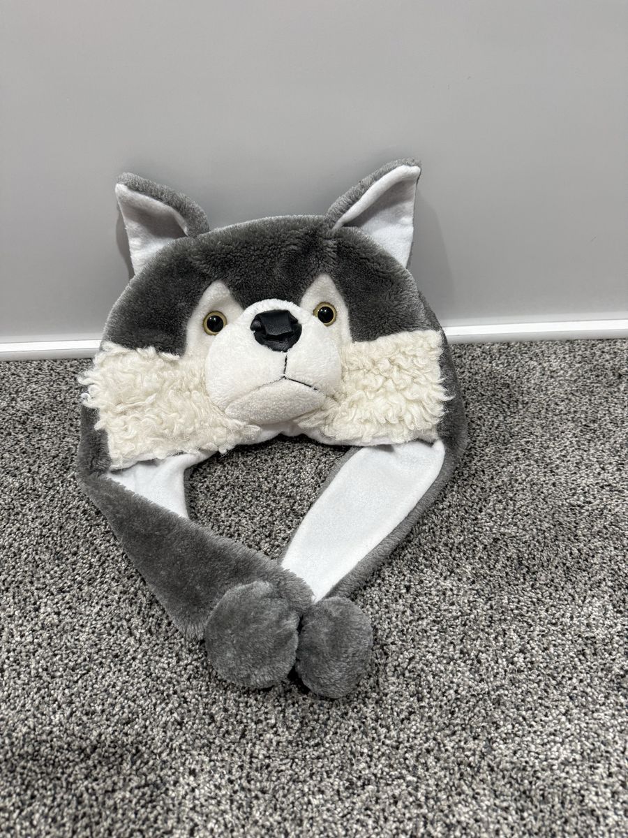Plush Gray Wolf Animal Winter Hat with Earflaps and Pompoms