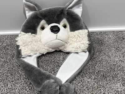 Plush Gray Wolf Animal Winter Hat with Earflaps and Pompoms