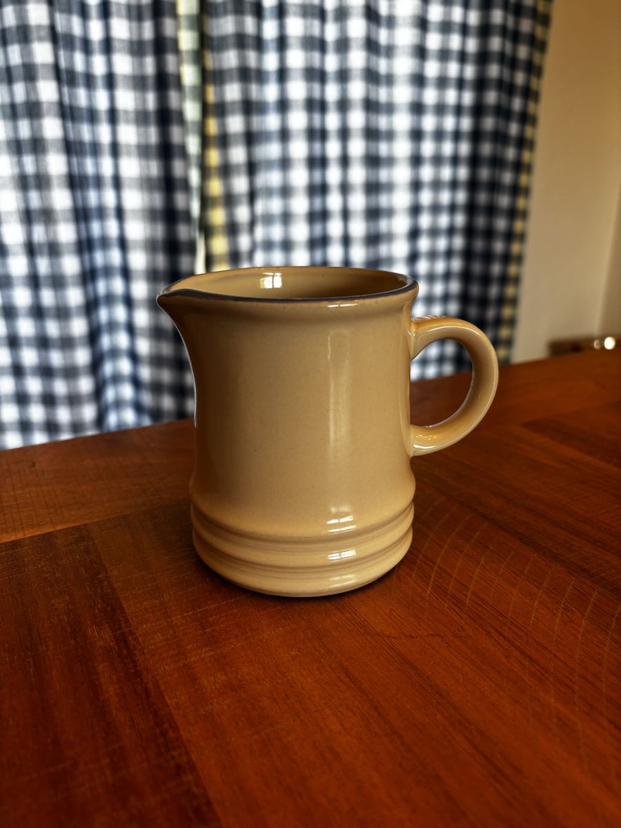 Vintage Stoneware Pitcher and Sugar Bowl Set Tan Blue Trim Country Cottage Farmhouse