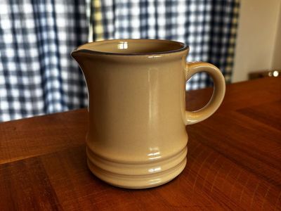 Vintage Stoneware Pitcher and Sugar Bowl Set Tan Blue Trim Country Cottage Farmhouse