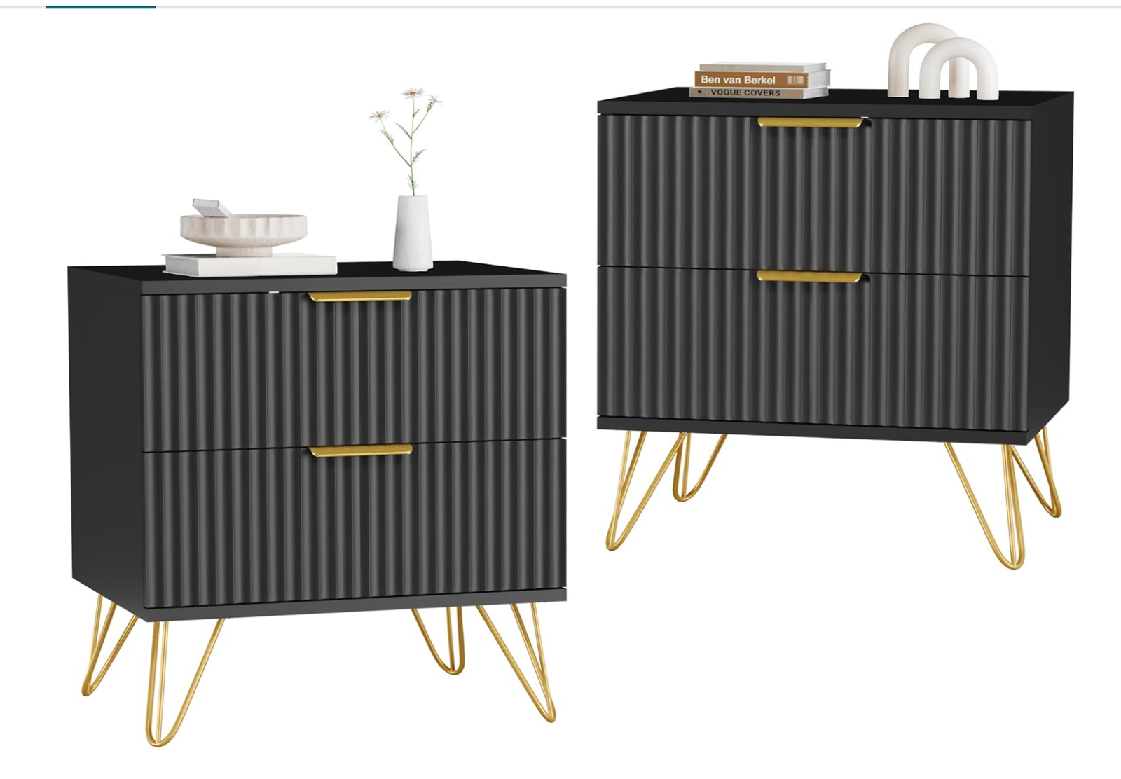 New in Box Set of 2, Nightstand Set of 2 with 2 Storage Drawer and Golden Legs, Black丨Night Stand Bedside Table, 