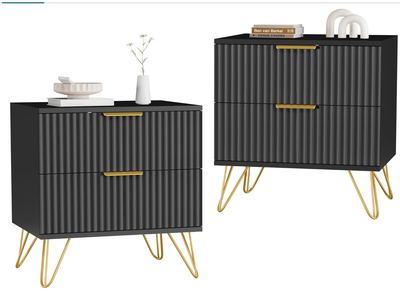 New in Box Set of 2, Nightstand Set of 2 with 2 Storage Drawer and Golden Legs, Black丨Night Stand Bedside Table,