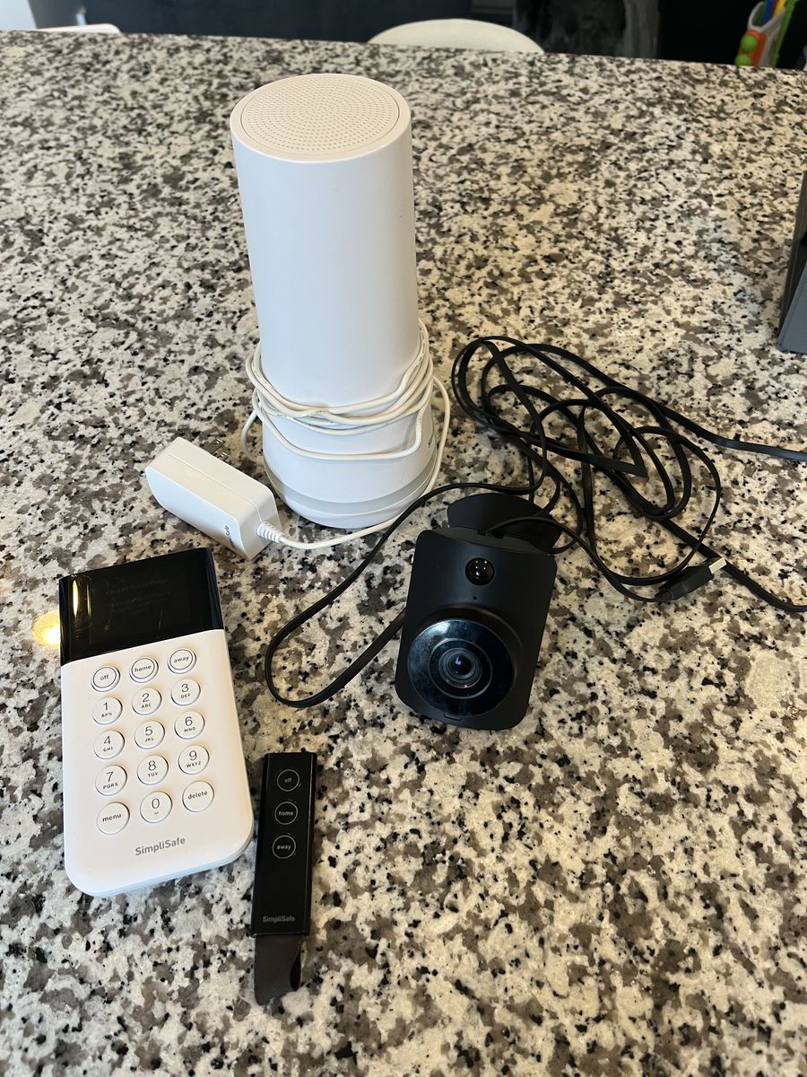 SimpliSafe Base station plus keypad, fob, and indoor camera