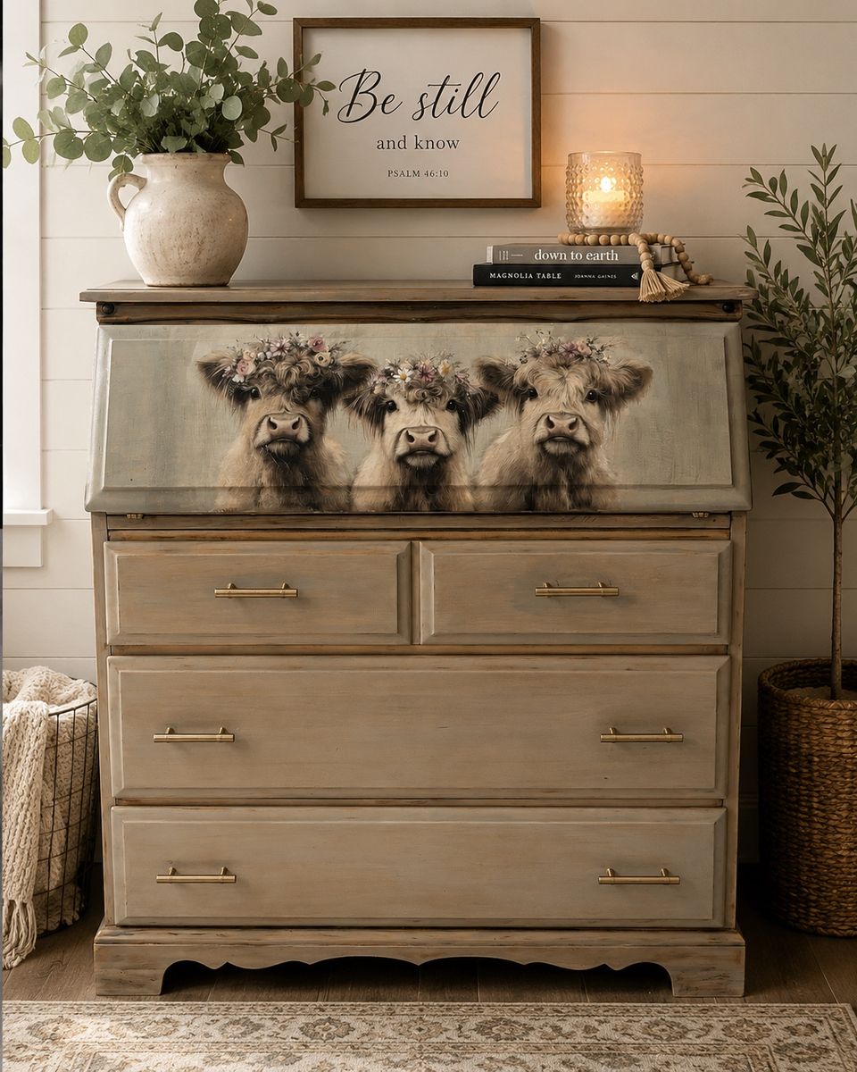 Adorable Highland Cow Farmhouse Secretary Desk / Dresser - Unique Rustic Decor Furniture