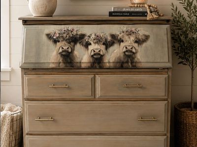 Adorable Highland Cow Farmhouse Secretary Desk / Dresser - Unique Rustic Decor Furniture