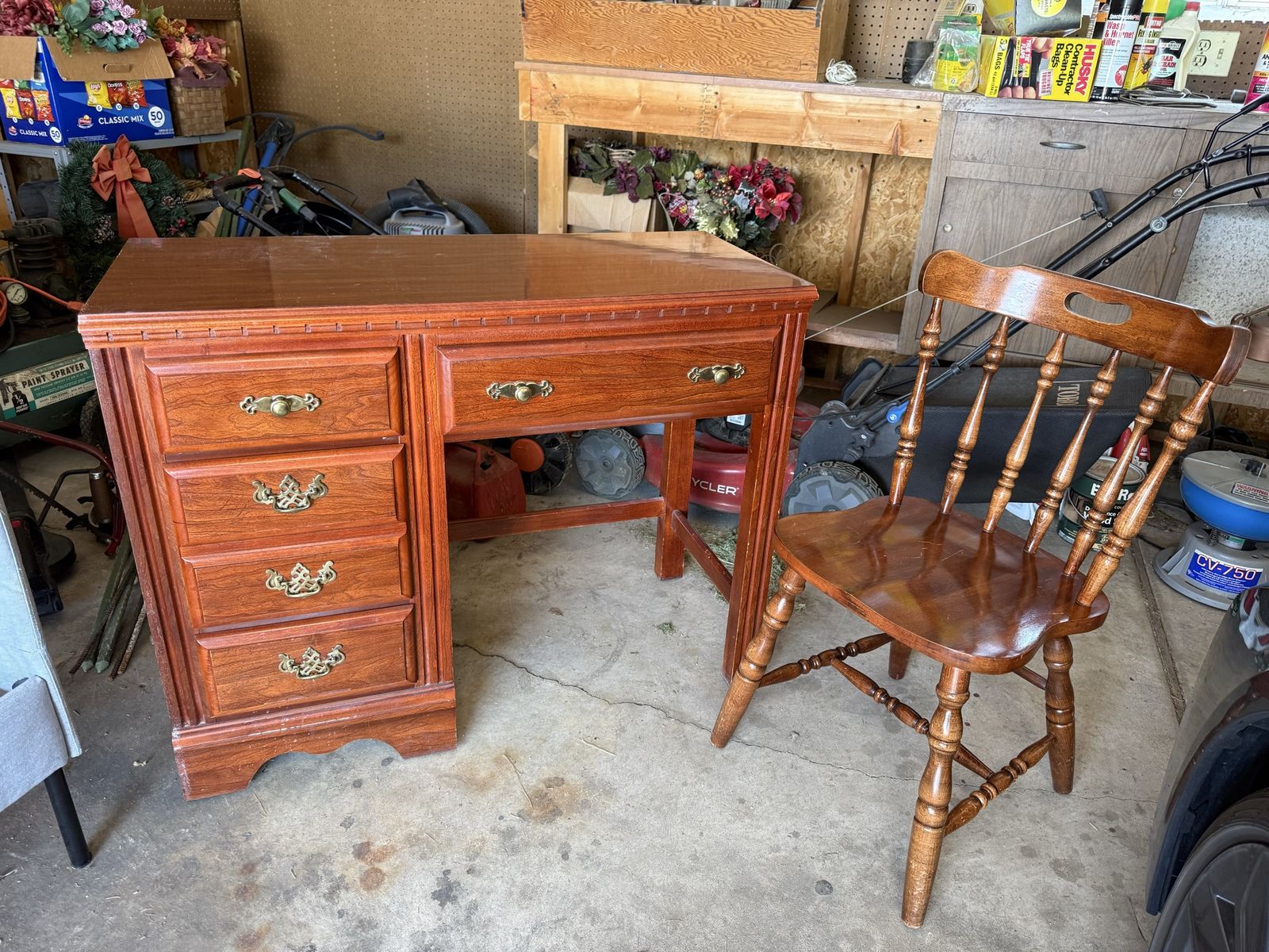 Vintage Wooden Desk with 4 Drawers and Matching Wooden Spindle Chair Set