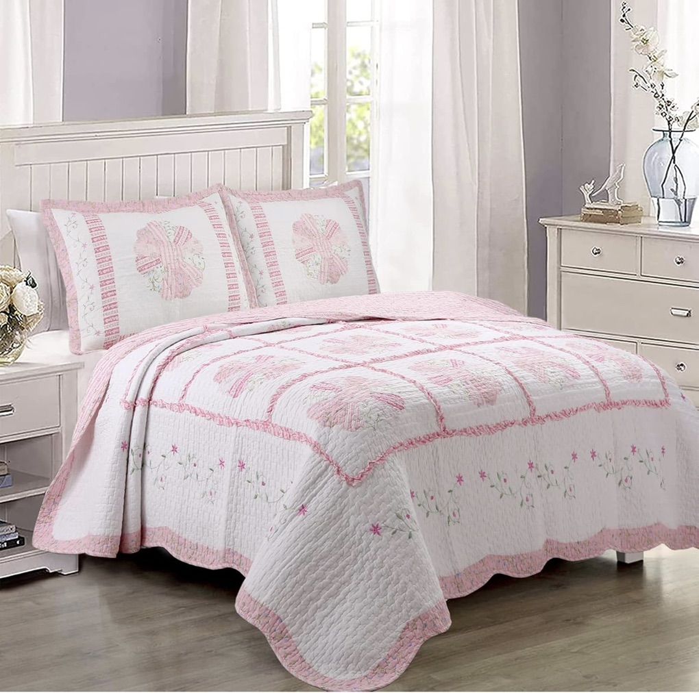 Pink Floral Patchwork Queen Quilt + Shams