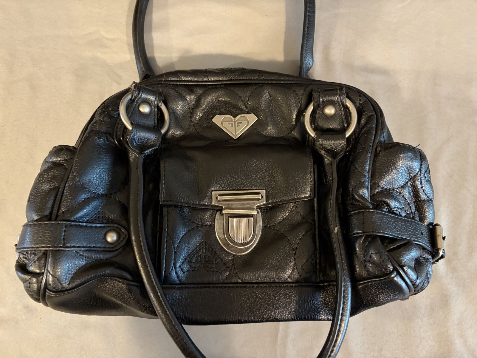 Roxy Black Quilted Faux Leather Satchel Handbag Purse with Silver Hardware - Pre-owned