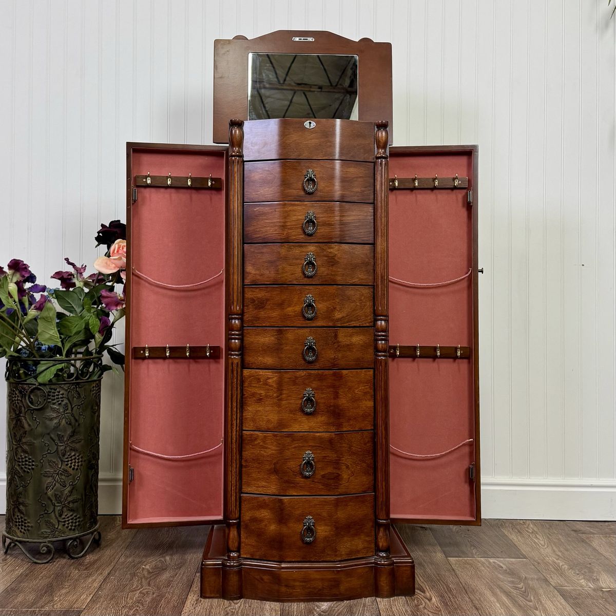 Bow Front Jewelry Armoire / Jewelry Butler with Walnut Finish