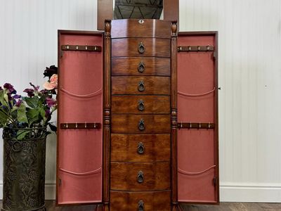 Bow Front Jewelry Armoire / Jewelry Butler with Walnut Finish