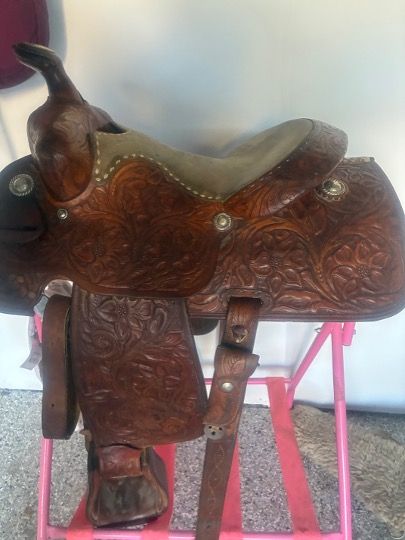 Youth Western Saddle - Tooled Leather Design, Used