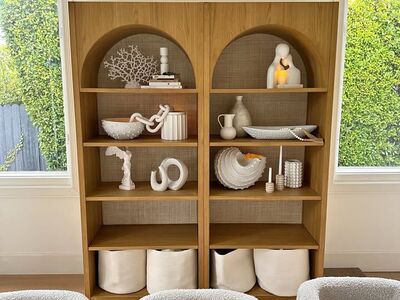 2 Arched Honey Oak Book Cases - Anthropologie