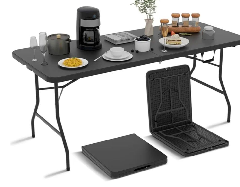 New In box Ginmaon 6 Foot Bi-Fold Plastic Folding Table, Black