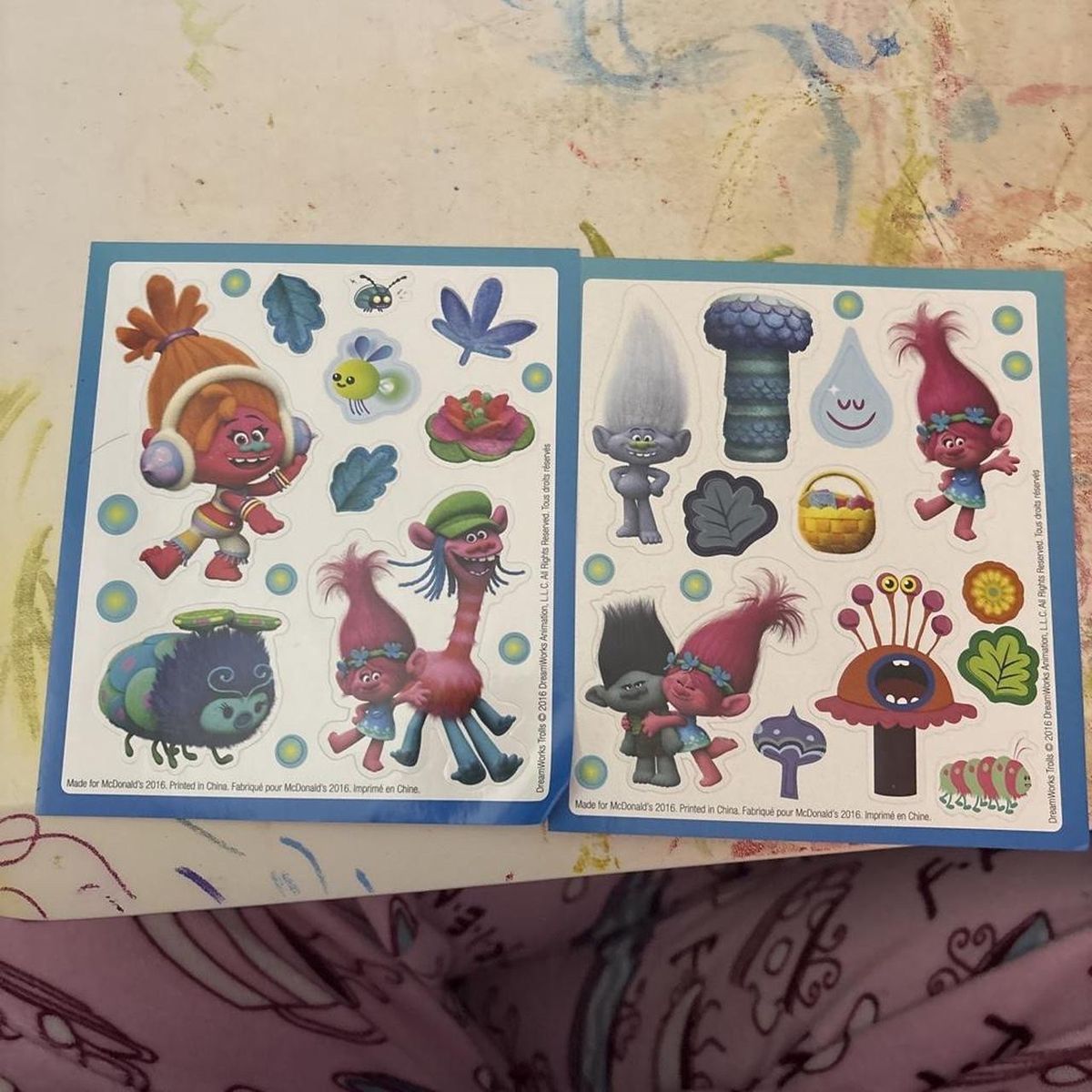 2016 McDonald's DreamWorks Trolls Sticker Sheets (Set of 2) - New, Unused Character Stickers