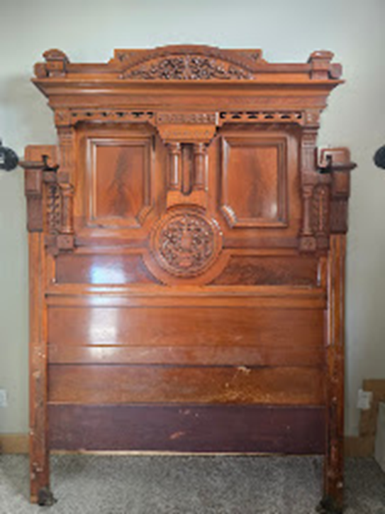 Antique Bedroom Set: Renaissance Revival High Back Walnut Double Bed and and matching walnut chest of drawers with mirror 