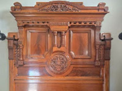 Antique Bedroom Set: Renaissance Revival High Back Walnut Double Bed and and matching walnut chest of drawers with mirror